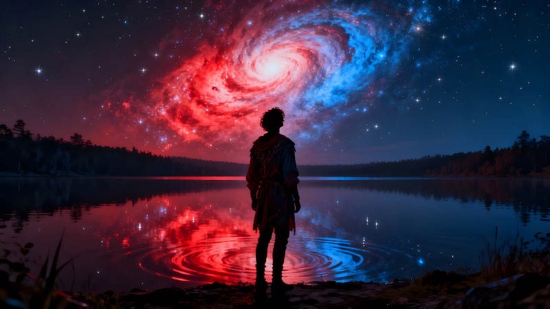 人观星空湖泊倒影-图片