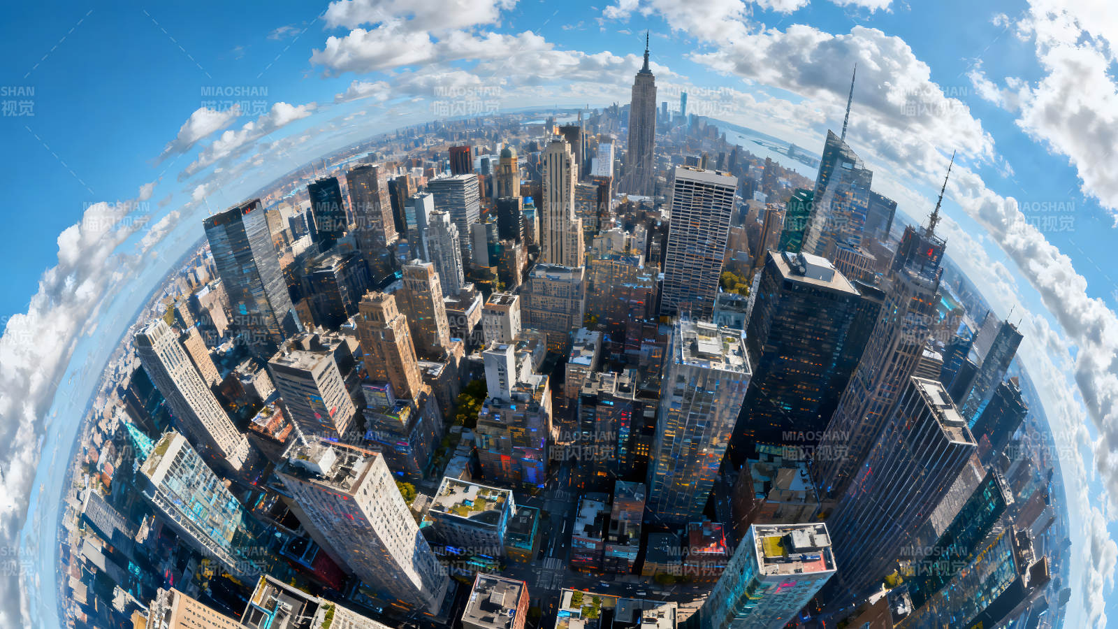 紐約城市鳥瞰圖藍天白云與摩天大樓-圖片