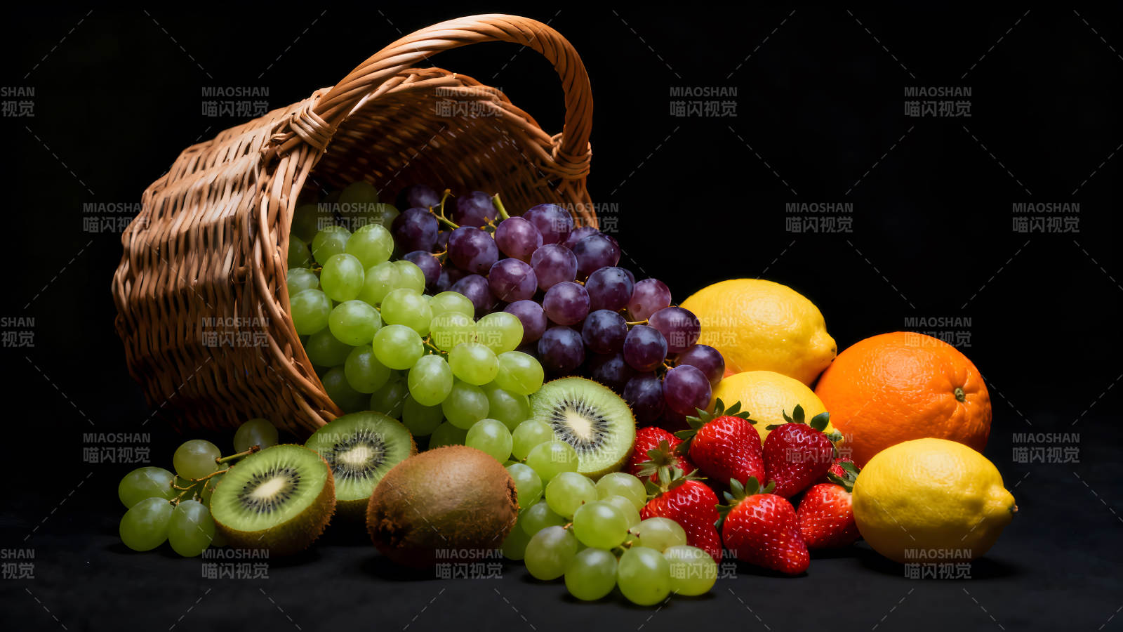 篮子水果组合黑背景下的美味食物图片