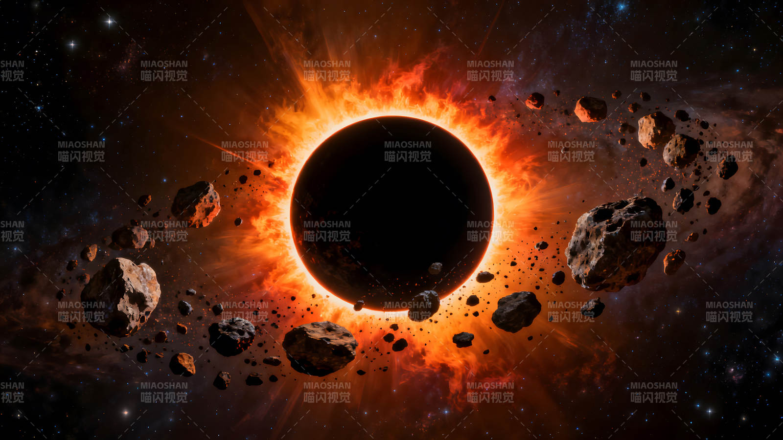 星體環繞烈焰黑暗宇宙景象-圖片