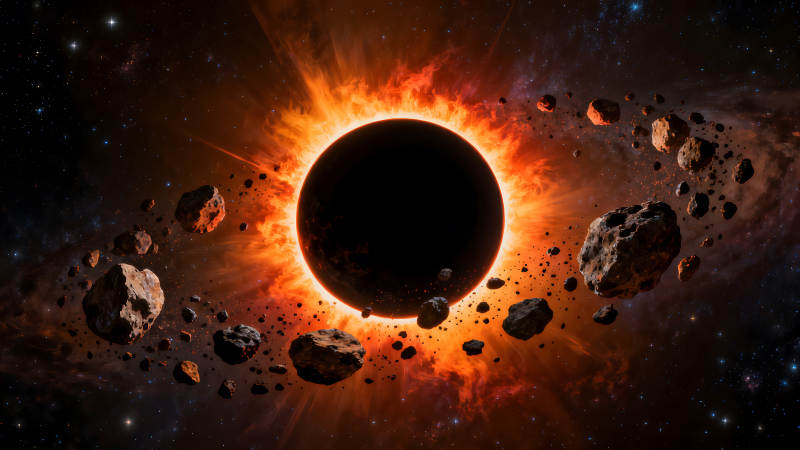 星體環繞烈焰黑暗宇宙景象-圖片