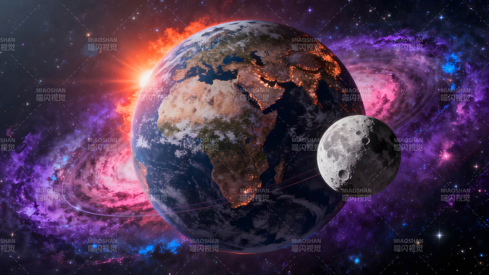 宇宙地球与月亮星云绚丽景色-图片