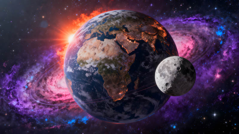 宇宙地球与月亮星云绚丽景色-图片