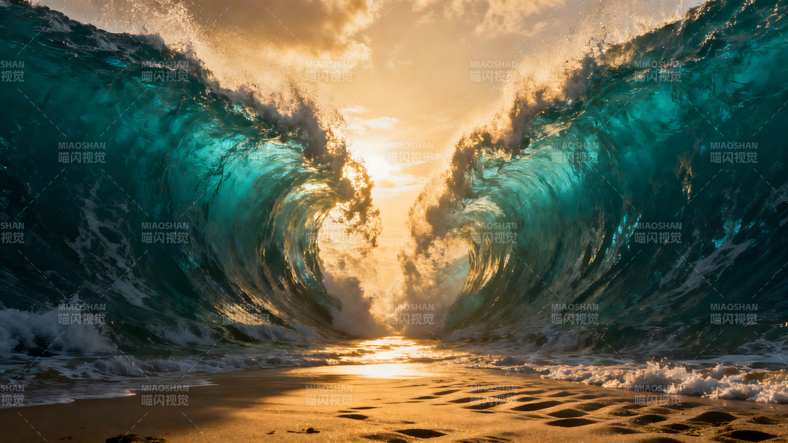 巨浪翻涌金色夕阳海滩美景图片