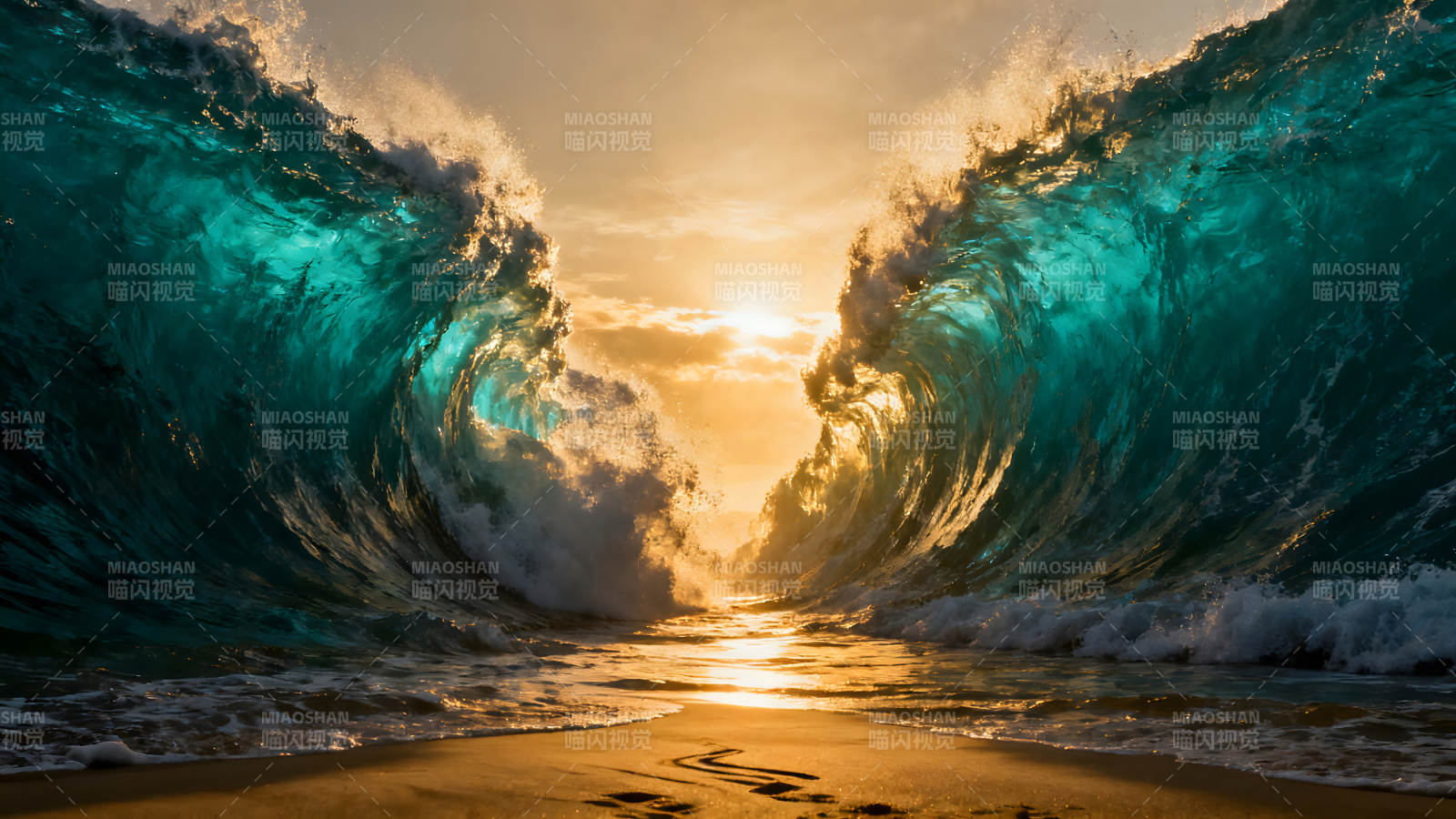 海浪冲刷沙滩阳光照射-图片