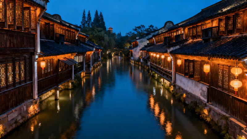 夜色下的中國江南水鄉古鎮-圖片