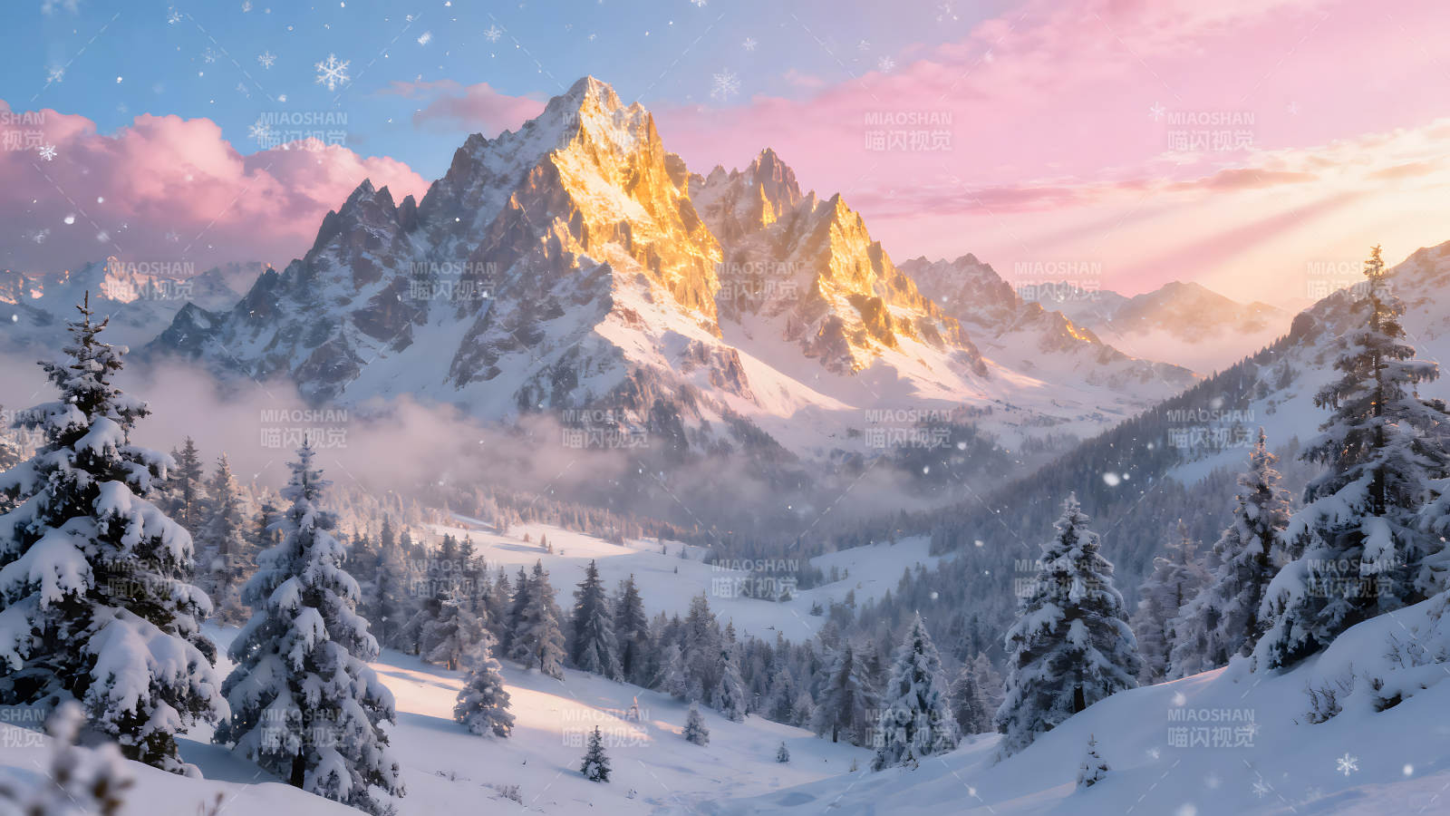 雪山下的冬日森林陽光灑滿山峰-圖片