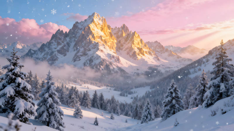 雪山下的冬日森林陽光灑滿山峰-圖片