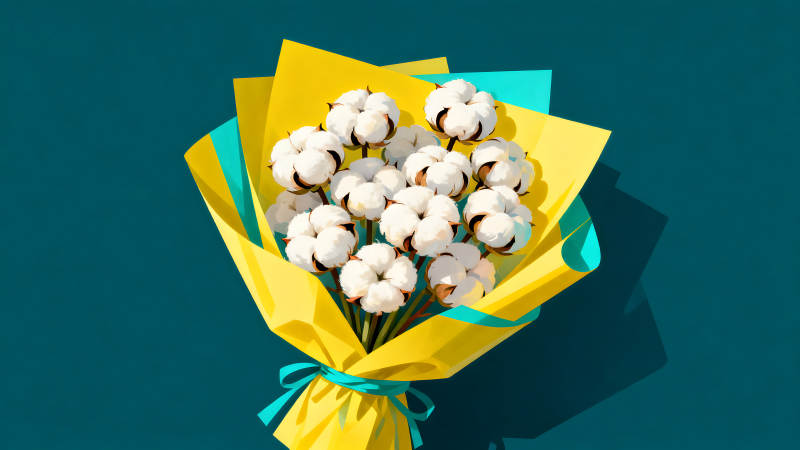 棉花束花黄色包装蓝色缎带图片