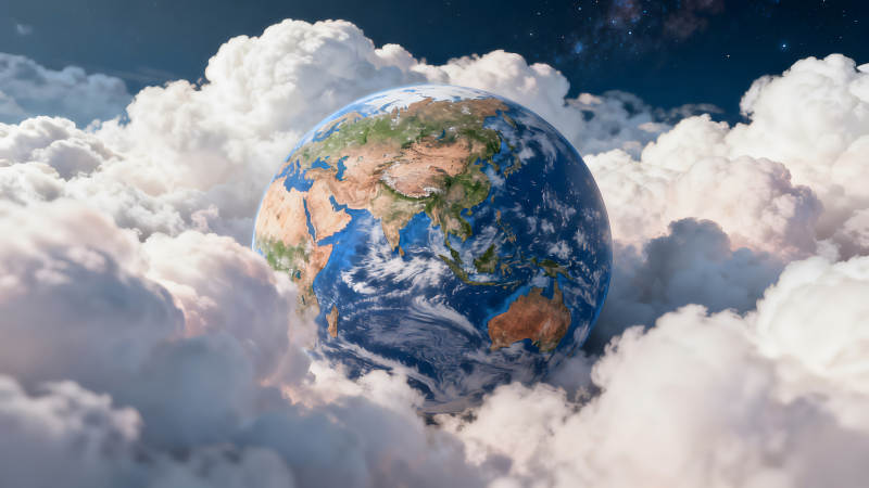 地球悬浮云中展现宇宙星空图片