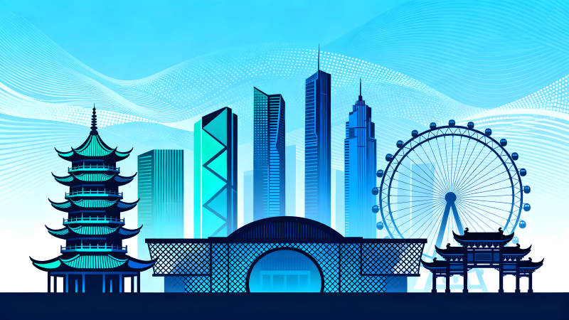 城市建筑風景插畫藍色調-圖片