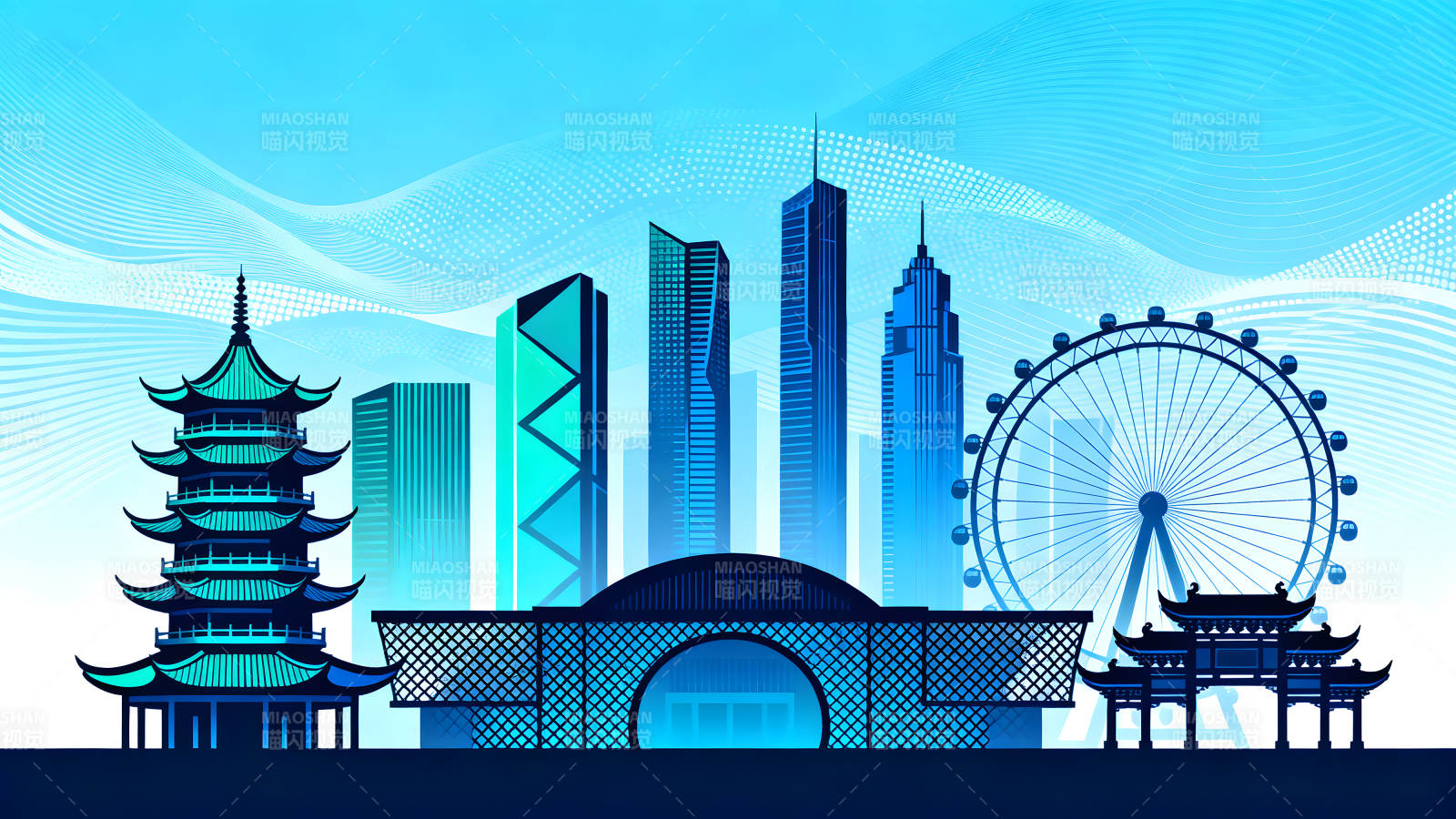 城市建筑風景插畫藍色調-圖片