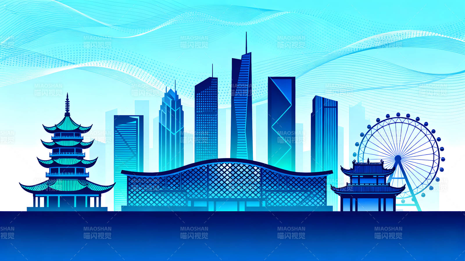 藍色城市風景插畫-圖片