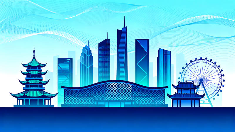 藍色城市風景插畫-圖片