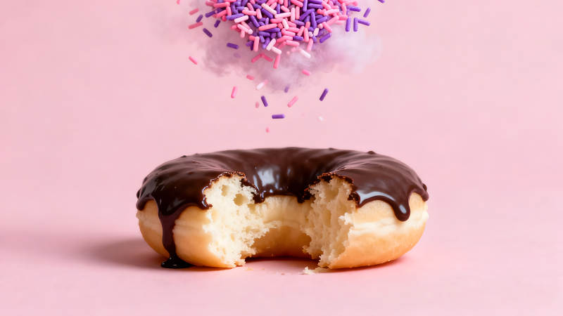 巧克力甜甜圈与彩色糖果雨-图片