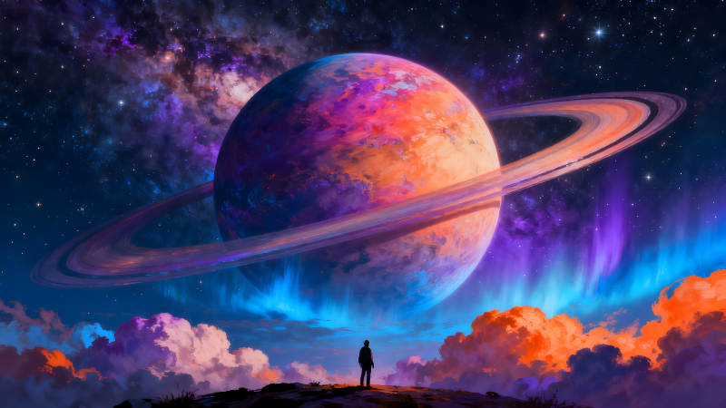 宇宙行星奇景觀者仰望星空-圖片