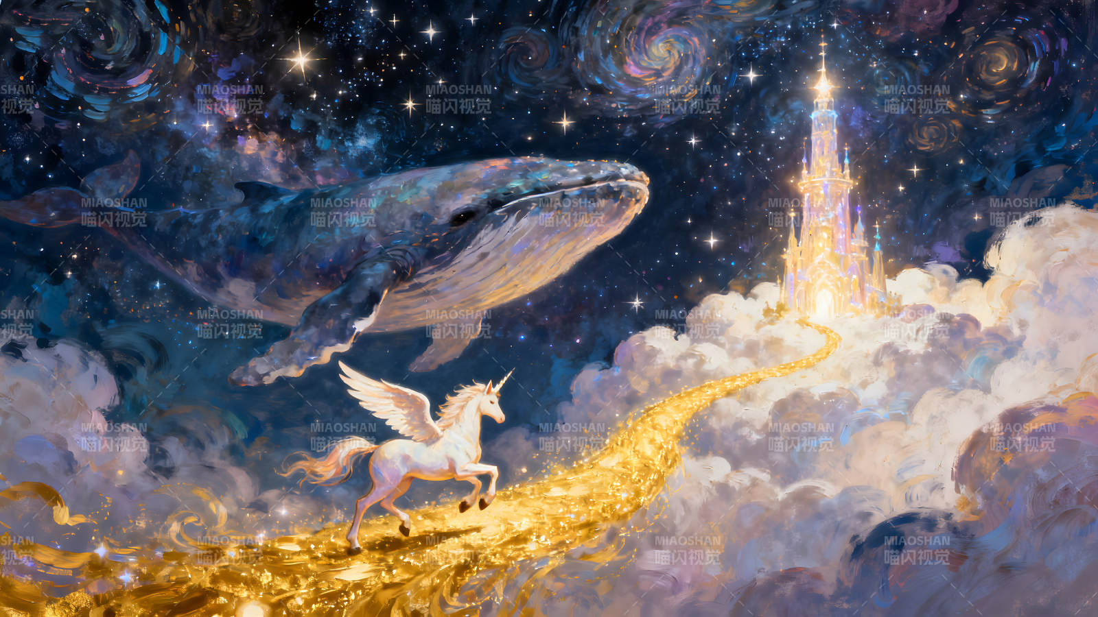 梦幻星空下的鲸鱼独角兽与城堡图片