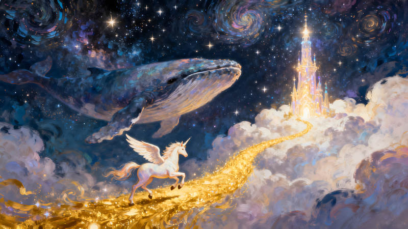 夢幻星空下的鯨魚獨角獸與城堡-圖片