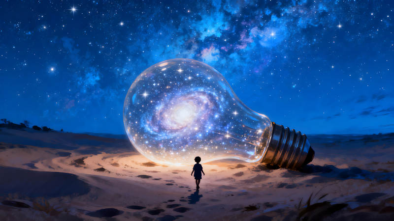 夢幻星空燈泡與小孩探索未知宇宙的意境-圖片