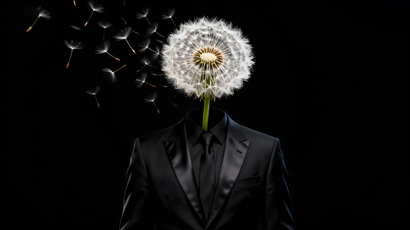 西装男人蒲公英头黑背景下飘散-图片
