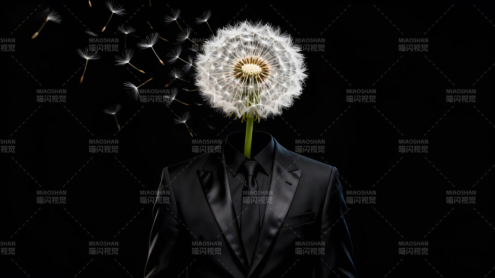 西装男人蒲公英头黑背景下飘散-图片