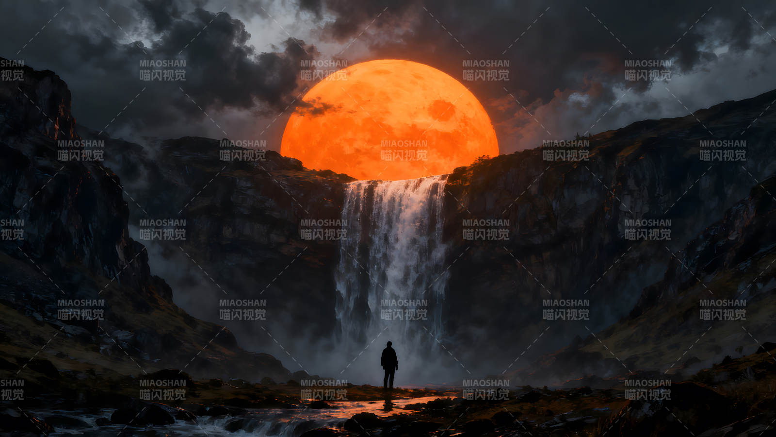 瀑布月亮下的人影圖片