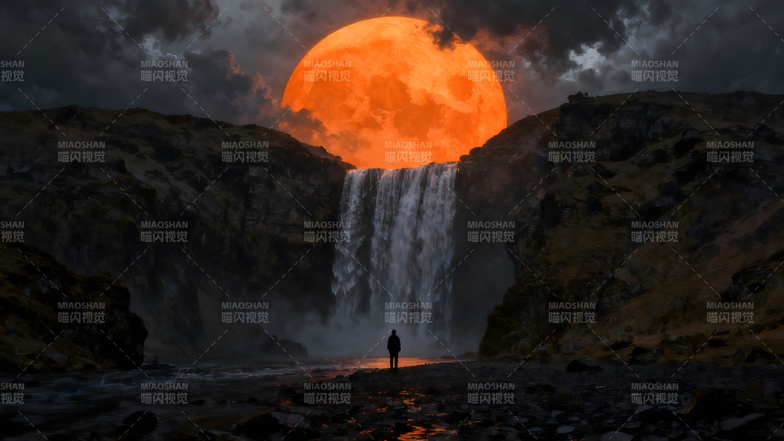 瀑布明月下的人影-圖片