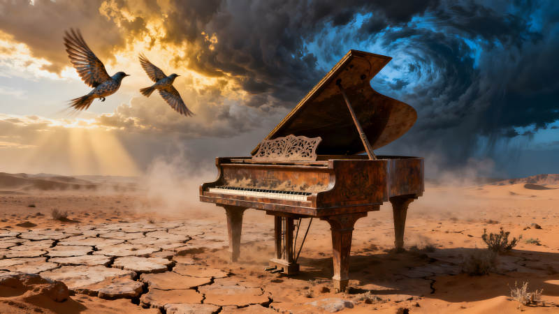 沙漠中的鋼琴與飛鳥畫面唯美-圖片
