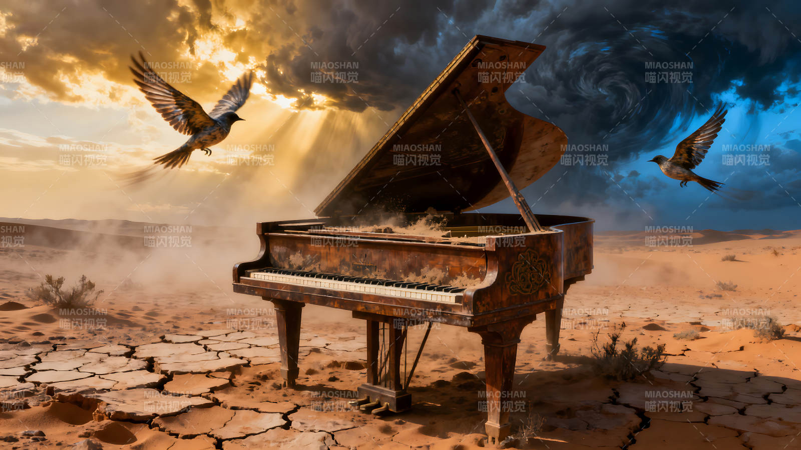 沙漠钢琴与飞鸟的奇幻景象图片