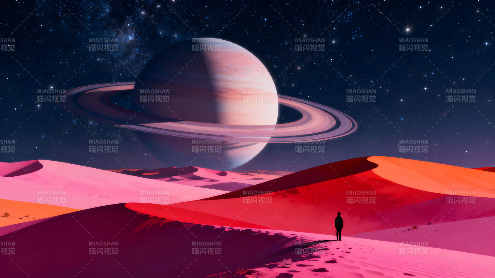 異星沙漠的孤獨探索者與行星-圖片