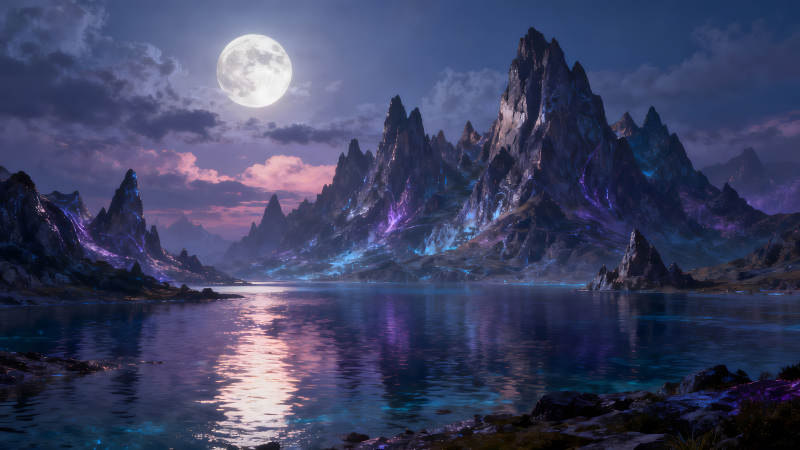 月光湖泊山峰美景梦幻场景-图片