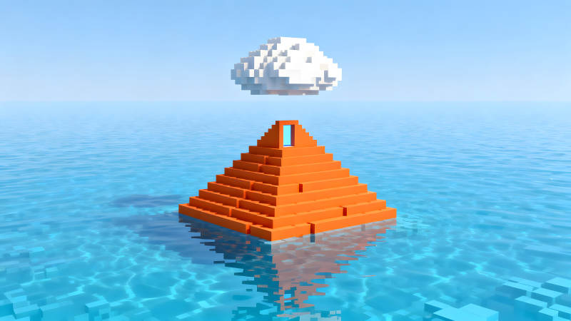 像素化金字塔与云朵在水面漂浮-图片