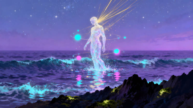 灵魂行走在水面上夜空中星光璀璨-图片