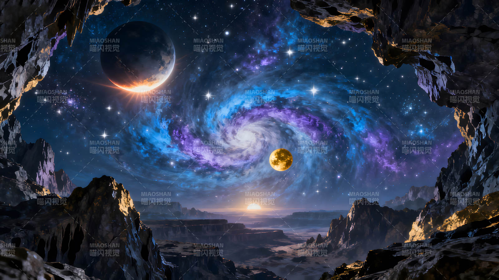 宇宙星空岩石下奇异景色-图片