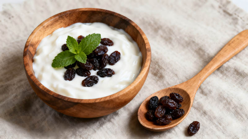 木碗酸奶配葡萄干和薄荷葉-圖片