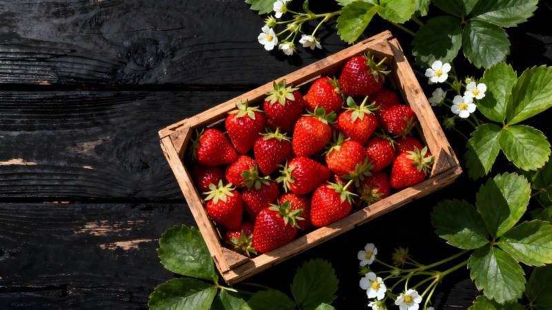木盒草莓特寫鮮艷欲滴-圖片