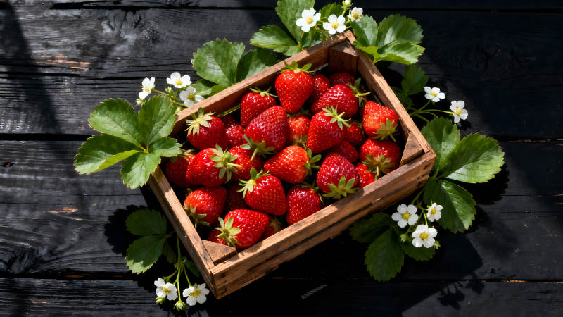 木盒草莓特写阳光下的新鲜草莓-图片