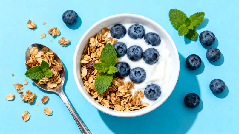 蓝莓酸奶麦片早餐特写-图片