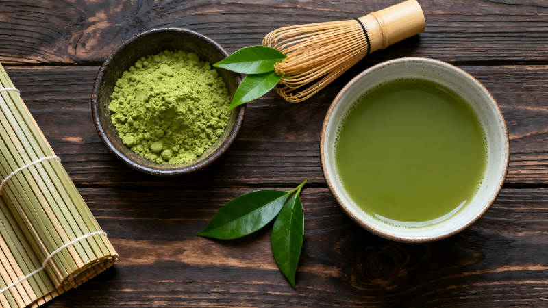 抹茶飲品及相關物件靜物圖-圖片