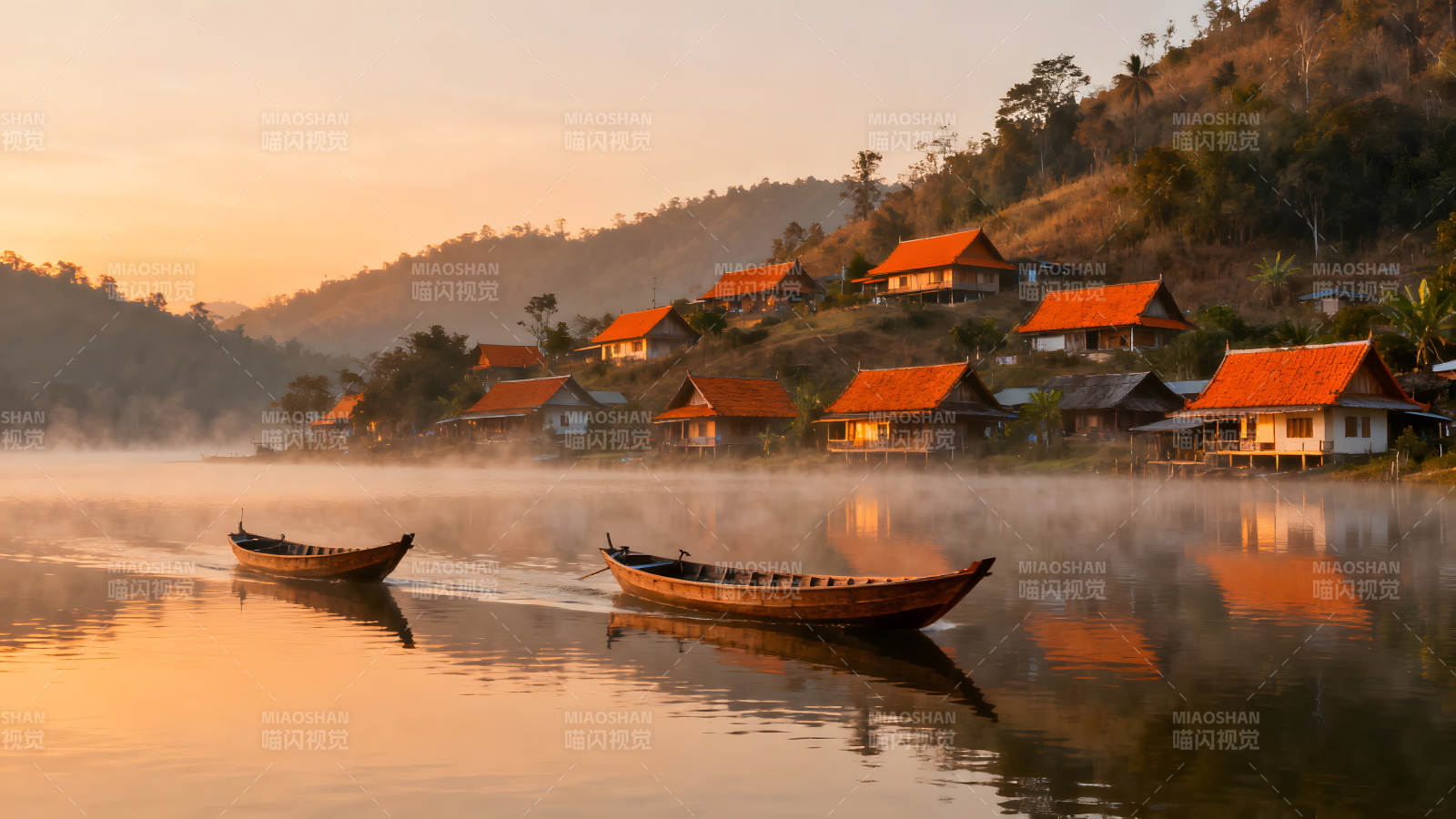 山水村落晨曦美景-圖片