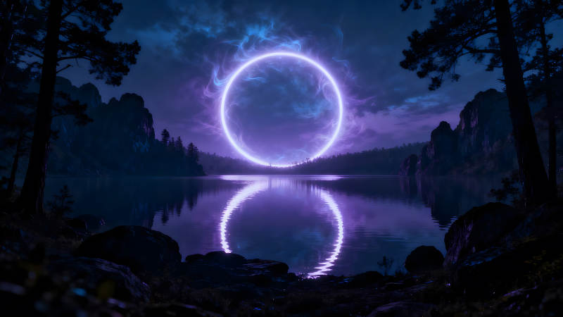 夜晚湖泊中的發(fā)光圓環(huán)-圖片