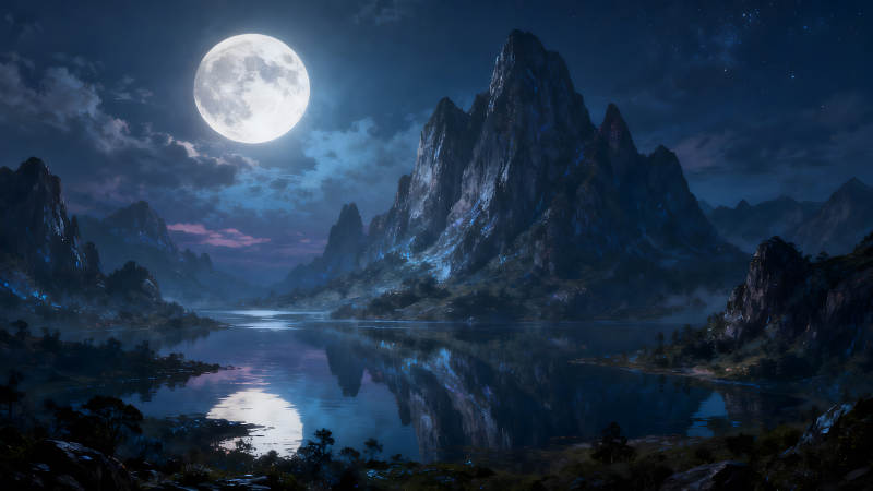 夜幕下的山河湖泊皎洁月光笼罩大地-图片