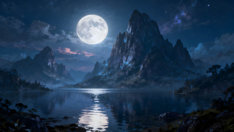 月夜山水湖光山色寧靜壯麗-圖片