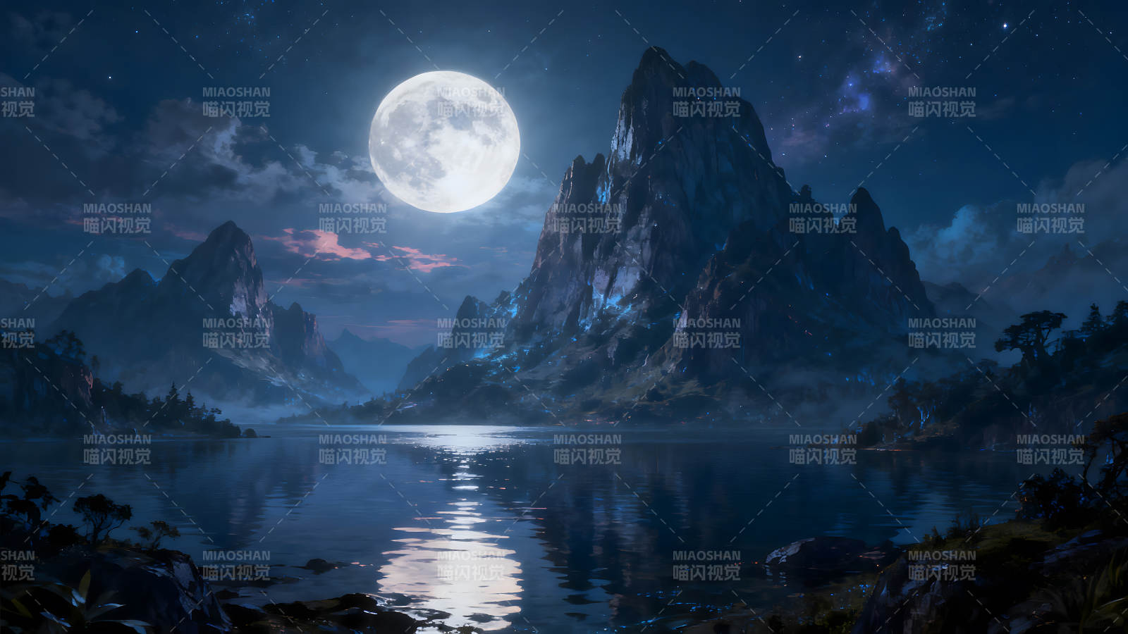 月夜山水湖光山色寧靜壯麗-圖片