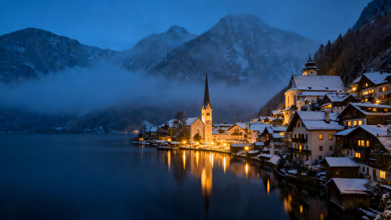 夜色雪山小鎮(zhèn)寧靜倒影-圖片