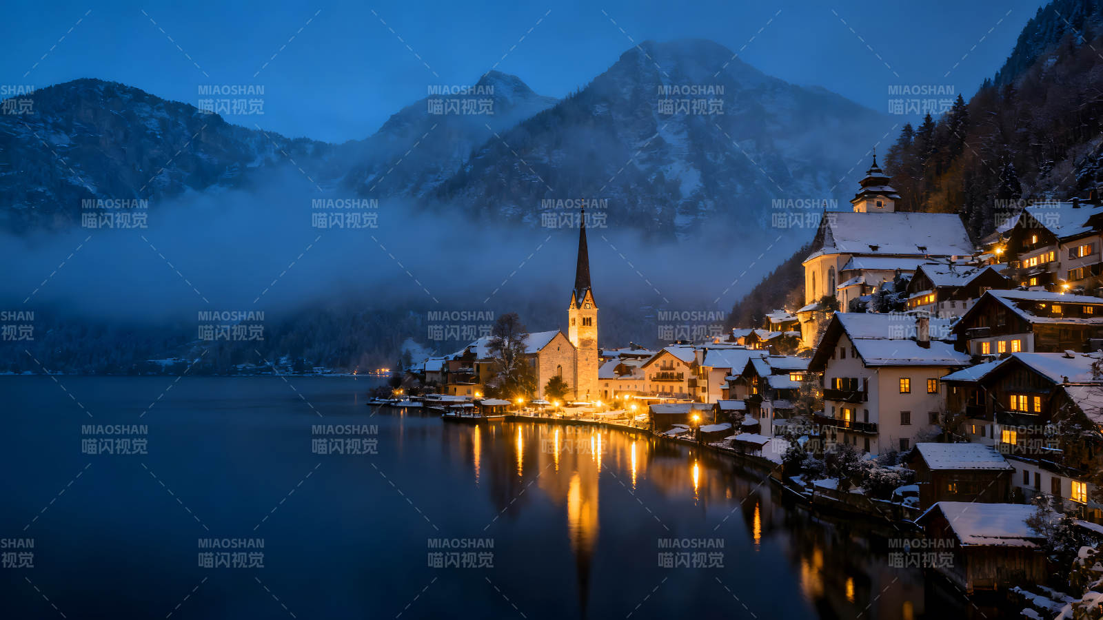 夜色雪山小鎮寧靜倒影-圖片