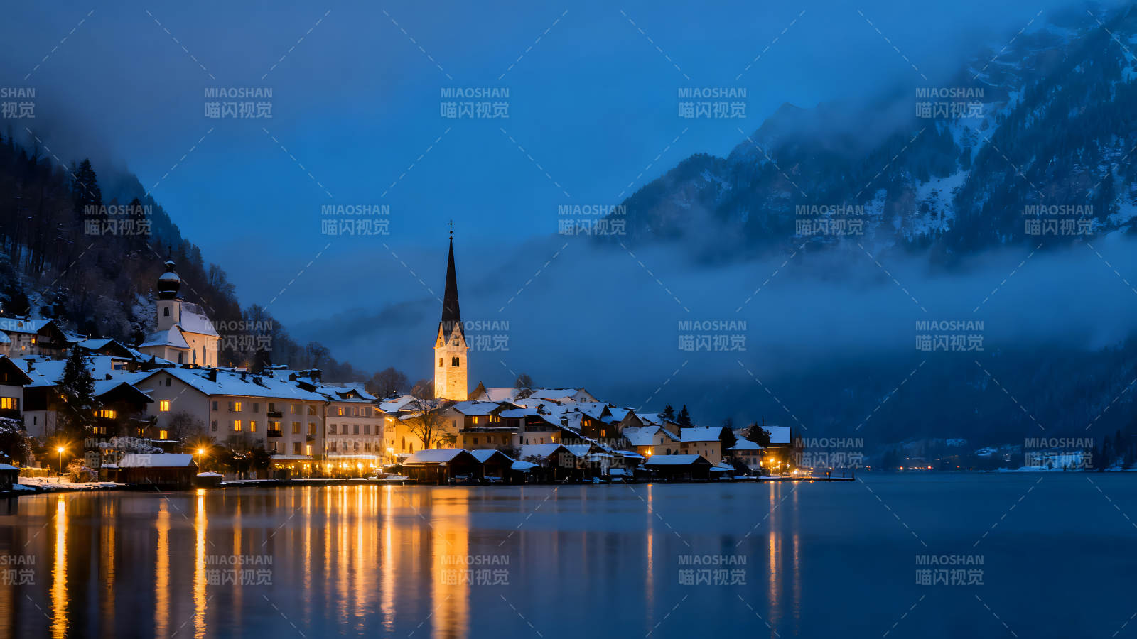 夜幕下的雪山小鎮寧靜而美麗-圖片