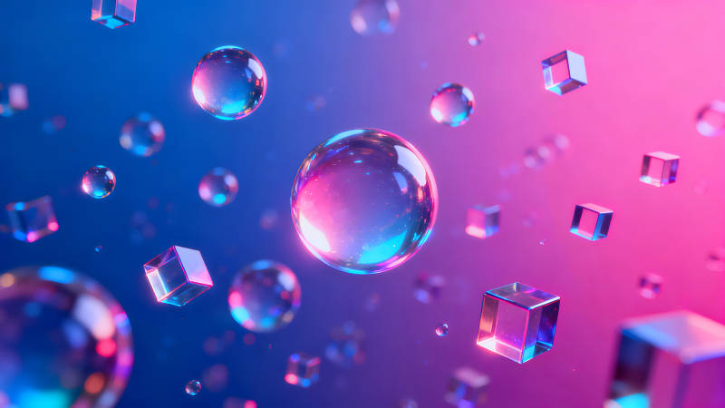 梦幻泡泡与几何体构成抽象场景-图片