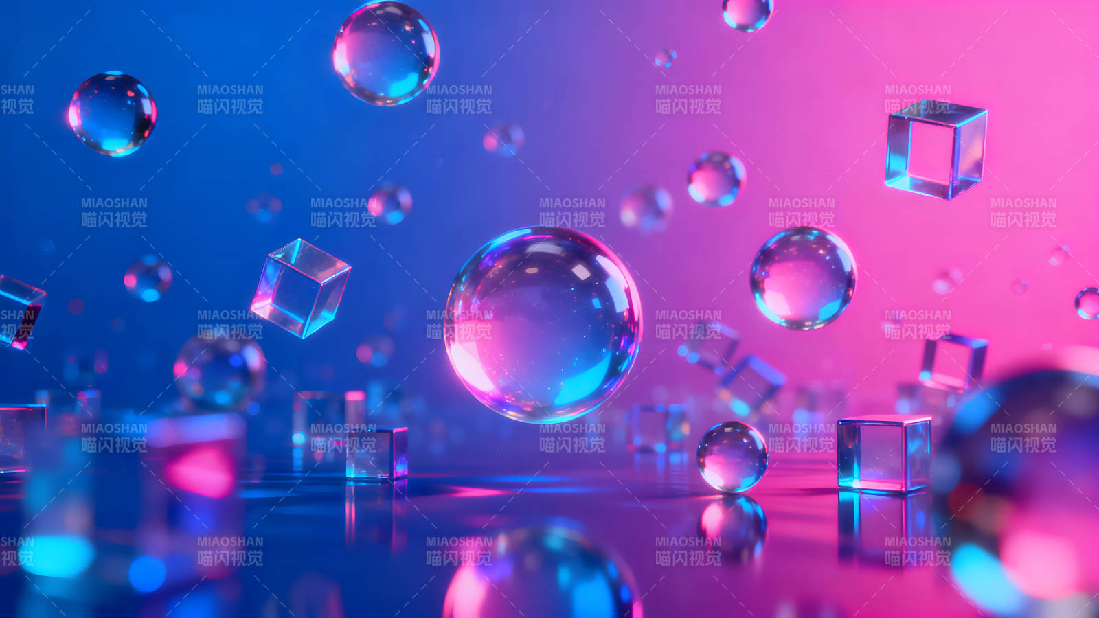 悬浮玻璃球与立方体抽象霓虹背景-图片