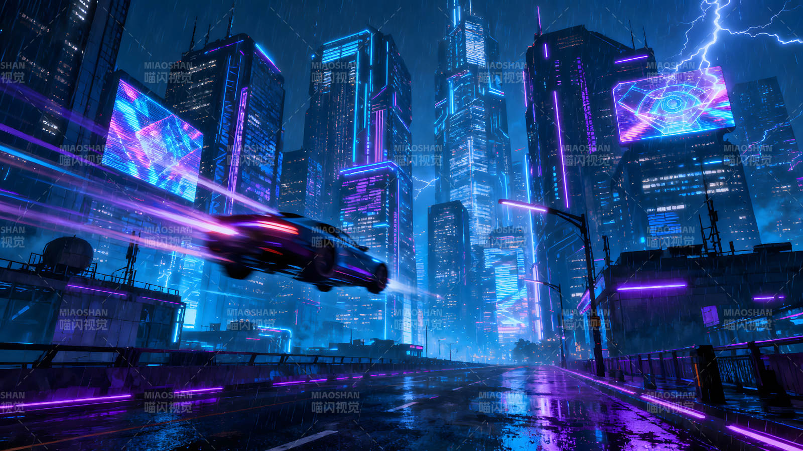 赛博朋克城市夜晚汽车飞驰-图片